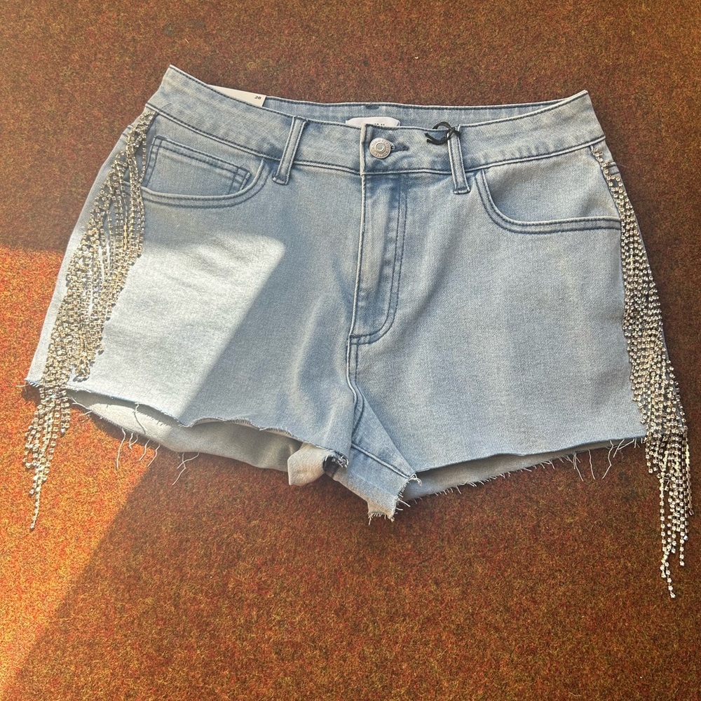 rhinestone-fringe denim shorts